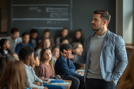 Teacher speaks passionately while students listen intently in a modern classroom, fostering learning and engagement.の素材