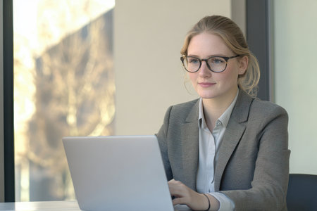 A young woman in a business suit is focused on her laptop in a contemporary office with natural lighting.の素材