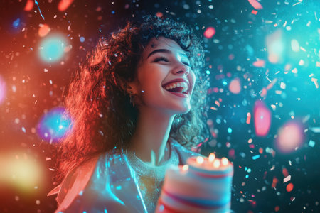 A young woman with curly hair joyfully holds a cake while colorful confetti falls around her during a celebration.の素材