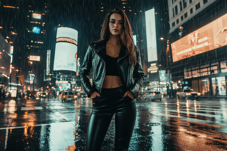 A young woman stands confidently on a wet street in Times Square, illuminated by bright city lights and rain.の素材