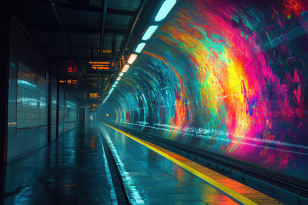 An urban subway platform features colorful tunnel art with reflections on a wet surface during twilight.の素材