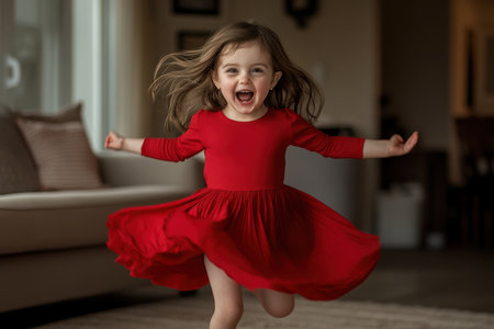 A young girl in a red dress is happily running with excitement across a well-lit living room, showing her joy.の素材