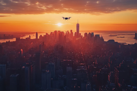 A drone captures breathtaking views of the New York City skyline as the sun sets, casting vibrant colors.の素材