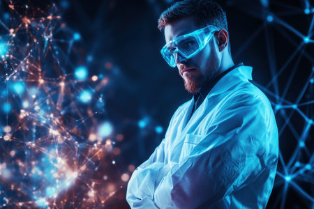 A scientist wearing protective goggles examines complex data visualizations in a high-tech lab environment.の素材