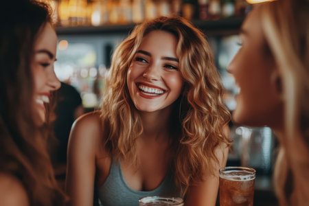 Three friends share a joyful moment at a vibrant bar, laughing and enjoying their drinks together.の素材