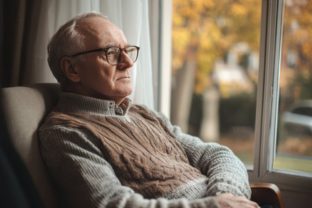 An elderly man sits quietly in a chair, gazing out of the window, surrounded by autumn colors.の素材