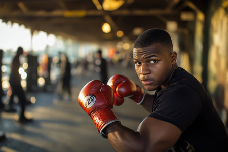 A young athlete is focused on perfecting his boxing stance while training in a gym at sunset.の素材