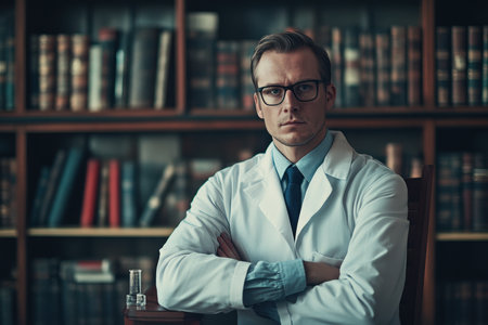 A focused individual in a white coat sits with arms crossed, surrounded by shelves of books in a library setting.の素材