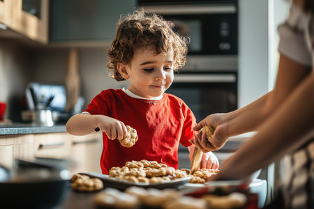A young boy is happily placing cookie dough on a baking tray while his parents assist him.の素材