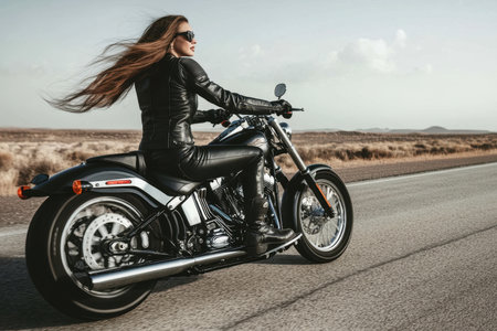 A rider in leather gear enjoys the freedom of the open road on a sunny day, hair flowing with the breeze.の素材