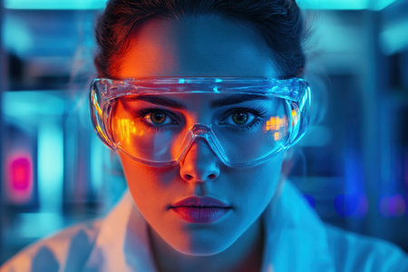 A researcher focuses intently while wearing protective eyewear in a vibrant laboratory setting.の素材