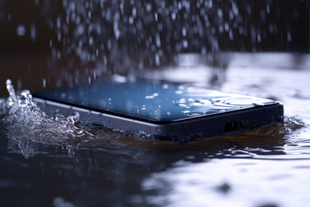 A smartphone is half-submerged in water, creating ripples and splashes from the impact of falling droplets.の素材