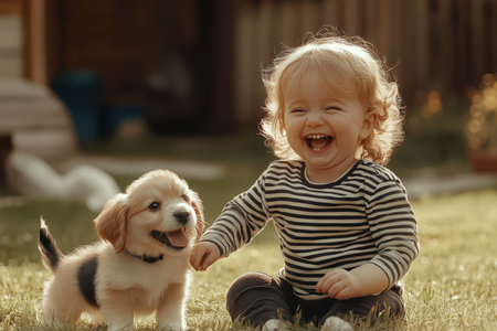 A joyful toddler sits on the grass, laughing while interacting with an excited puppy nearby.の素材
