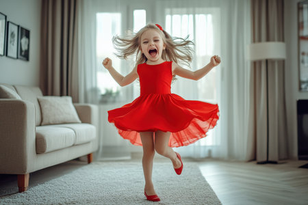 A young girl wearing a bright red dress spins joyfully in her inviting living room filled with sunlight.の素材