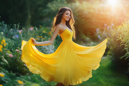 A joyful woman spins elegantly in a yellow dress surrounded by colorful flowers in a lush garden at sunset.の素材