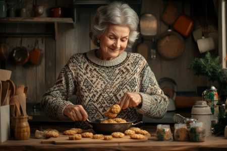 An elderly woman enjoys baking cookies in a charming rustic kitchen, displaying joy and culinary skill.の素材