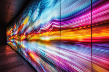 A stunning digital wall brightens the modern room with vibrant swirls and lights for a lively vibe.の素材
