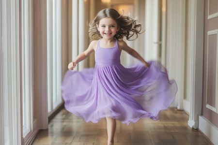 A young girl dances happily in a purple dress, her hair flowing as sunlight fills the elegant hall.の素材