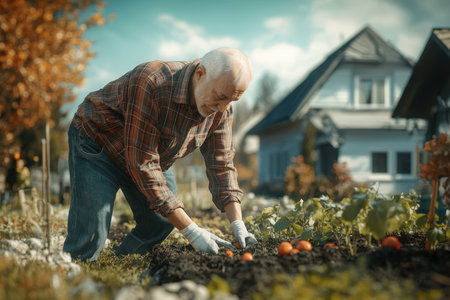 A senior man carefully harvests ripe tomatoes in his vegetable garden under a clear blue sky.の素材