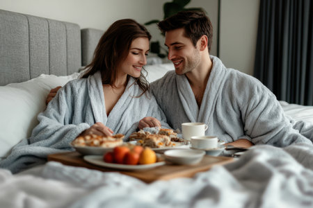 Two people share a joyful moment over breakfast in bed, wrapped in soft robes, enjoying pastries and fruit.の素材