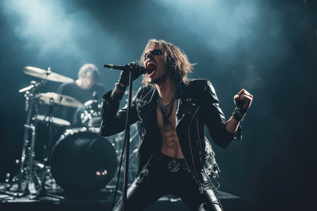 Energetic performance by a lead vocalist wearing a leather outfit while a drummer plays in the background.の素材