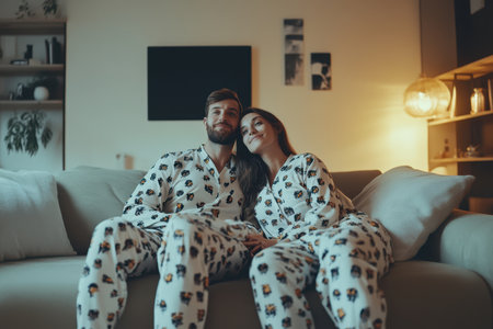 A couple sits close on a couch in cozy pajamas, enjoying a relaxed evening at home in soft lighting.の素材