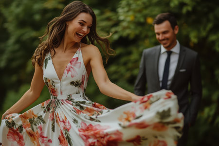 A woman in a vibrant floral dress twirls happily while her partner smiles in a green, sunny setting.の素材