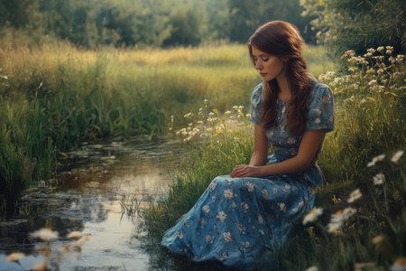 A woman in a blue floral dress sits contemplatively by a stream, surrounded by lush greenery and wildflowers.の素材