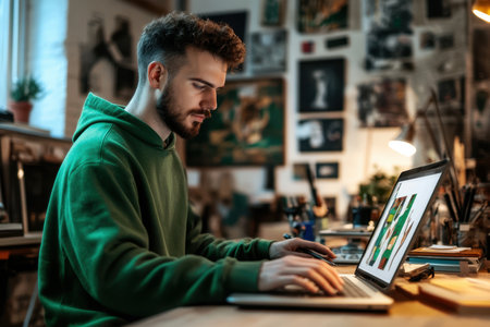 A focused artist designs digital artwork using a laptop in a cozy, well-decorated studio.の素材