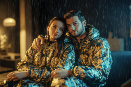 A couple embraces in fashionable gold jackets while rain pours outside, creating a cozy atmosphere.の素材