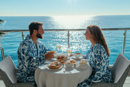 Two people share a delightful breakfast on a balcony overlooking the sparkling ocean.の素材