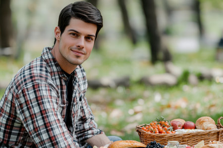 A young man sits on the grass in a park, smiling as he enjoys a picnic with fruits and pastries.の素材