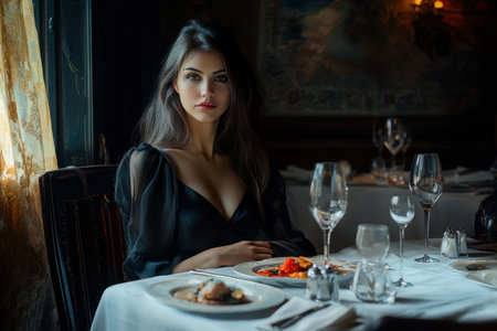 A woman dons elegant attire while seated at a beautifully set table in a cozy restaurant at night.の素材