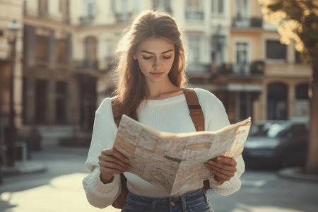 A young woman with a backpack studies a map, navigating through an urban area during daylight.の素材