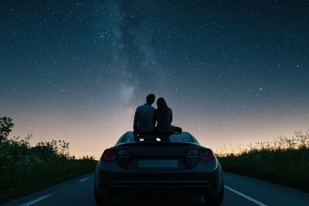 A couple sits atop their vehicle, enjoying the spectacular sight of stars in the open night sky.の素材