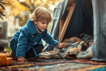 A young child in a blue coat is curiously looking into a blanket-covered fort under colorful autumn leaves.の素材
