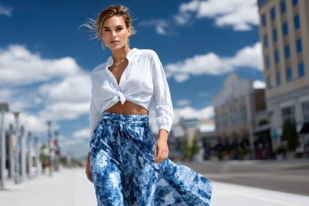 A stylish model poses in casual summer wear, showing a fashionable look in an outdoor urban environment.の素材