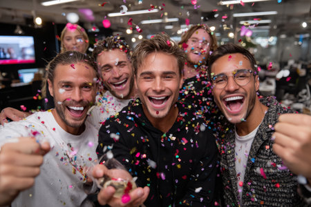 Group of friends joyfully celebrating with confetti in an office, showcasing happiness and connection.の素材