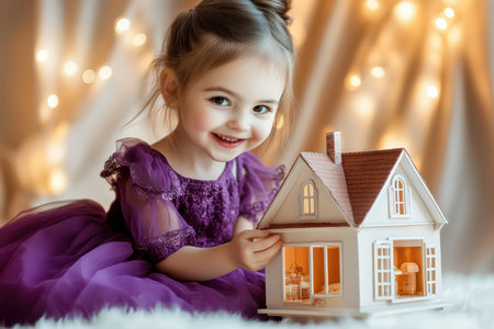 A joyful girl in a purple dress smiles while playing with a detailed dollhouse in warm light.の素材