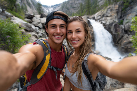 Happy couple takes a selfie in front of a stunning waterfall in a mountainous area while hiking.の素材