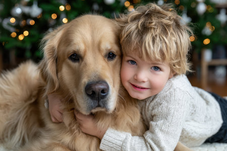 A joyful child hugs a golden retriever in front of a decorated Christmas tree, showing warmth and affection.の素材