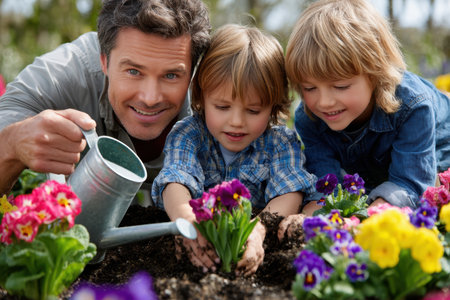 A man and two children are planting flowers in a vibrant garden during a sunny spring day.の素材