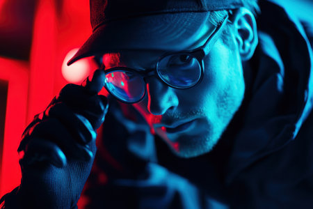 A young man adjusts his glasses while standing under vibrant blue and red lights, creating a dramatic atmosphere.の素材
