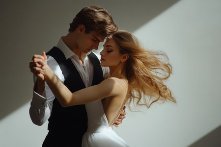 Couple dances intimately in a dimly lit area, emphasizing their connection and graceful movements.の素材