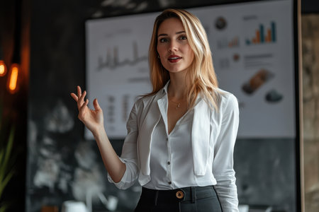A woman in a white shirt stands confidently, giving a presentation in a modern office setting.の素材