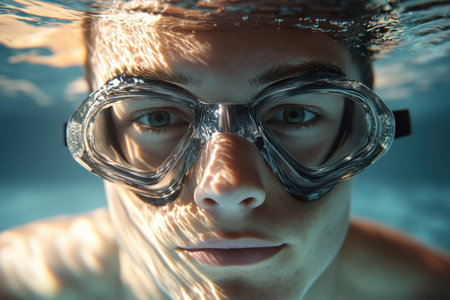 A young individual swims underwater, wearing goggles and gazing intently at the surroundings in a pool.の素材