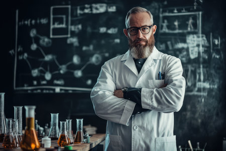 A knowledgeable scientist with a beard and glasses poses in a laboratory filled with beakers and charts.の素材