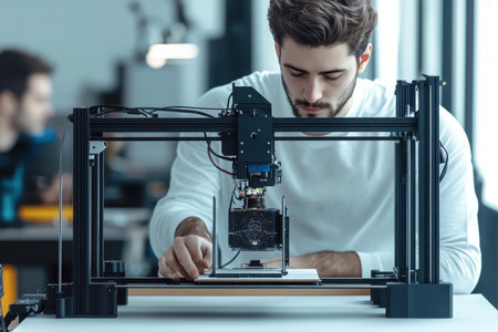 A person focuses on a 3D printing project in a bright, contemporary office environment, displaying precision.の素材