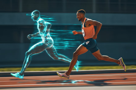 An athlete sprints on a track, with a glowing hologram illustrating their motion, under stadium lights.の素材
