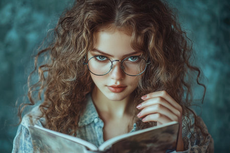 A young woman with curly hair and glasses focuses on a book in a cozy indoor space, exuding curiosity.の素材